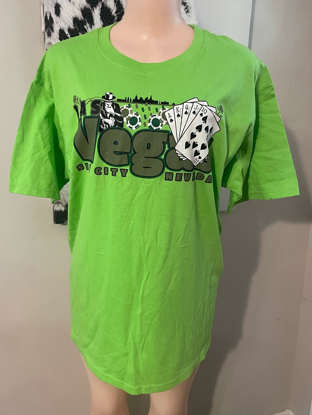 Vintage Yazbek Las Vegas Neon Green Graphic Tee shirt top streetwear sin city L
